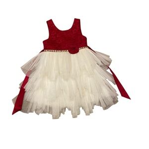 2T Red Lace Satin & Ivory Tulle Flower Girl Dress Holiday Special Occasion Tutu
